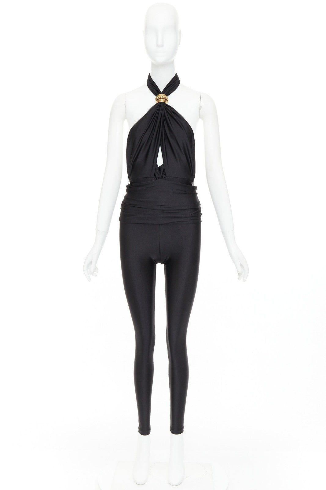 SAINT LAURENT 2022 Runway black gold metal brooch halter cutout jumpsuit Sz.1 XS