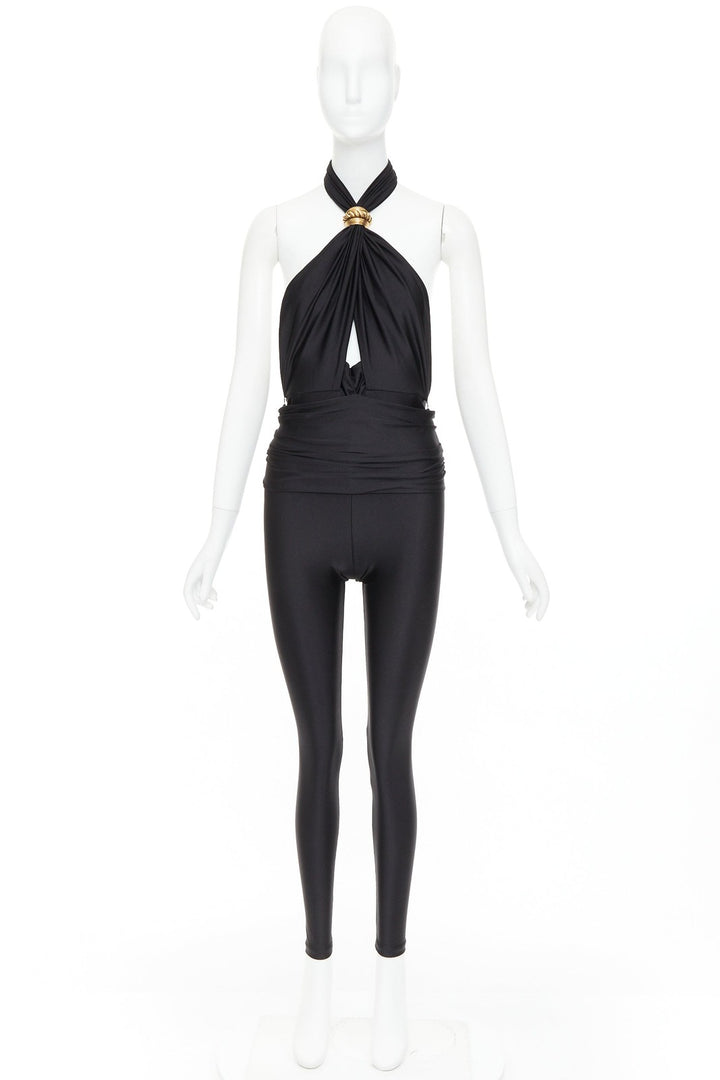 SAINT LAURENT 2022 Runway black gold metal brooch halter cutout jumpsuit Sz.1 XS