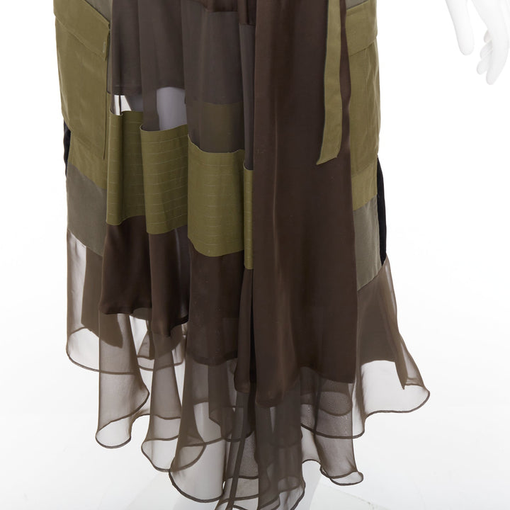 SACAI 2020 military green camo sheer patchwork cargo belted skirt JP1 S
