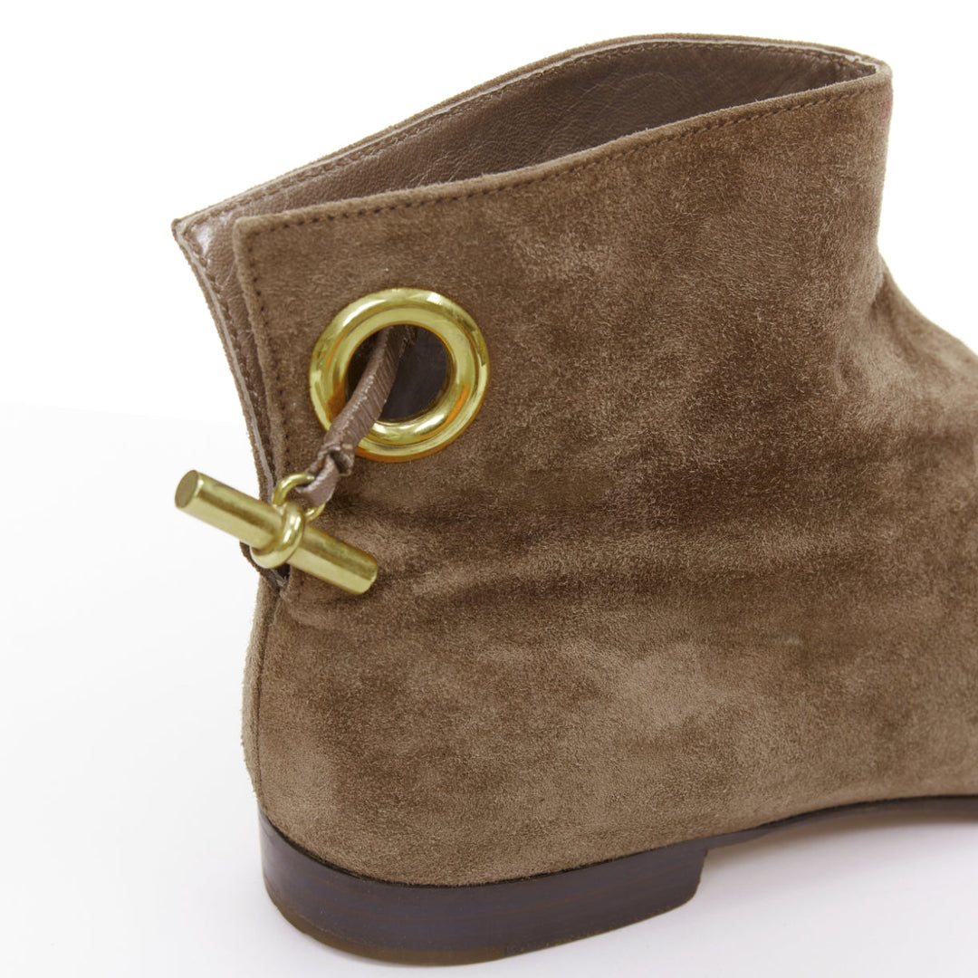 HERMES brown suede gold Kelly toggle hardware point toe ankle boots EU37.5