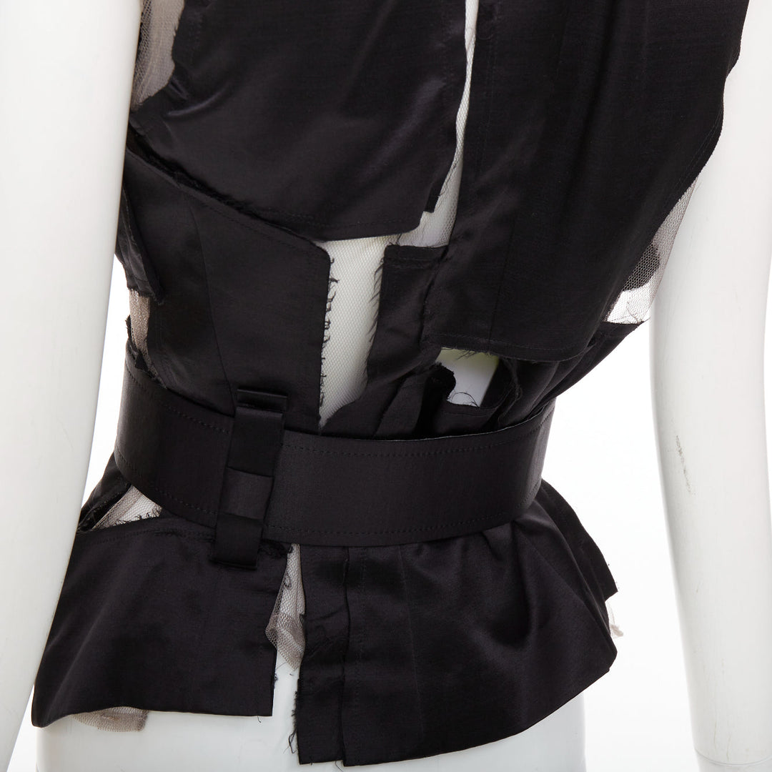 COMME DES GARCONS 2007 Runway black satin sheer patchwork tulle belted vest S