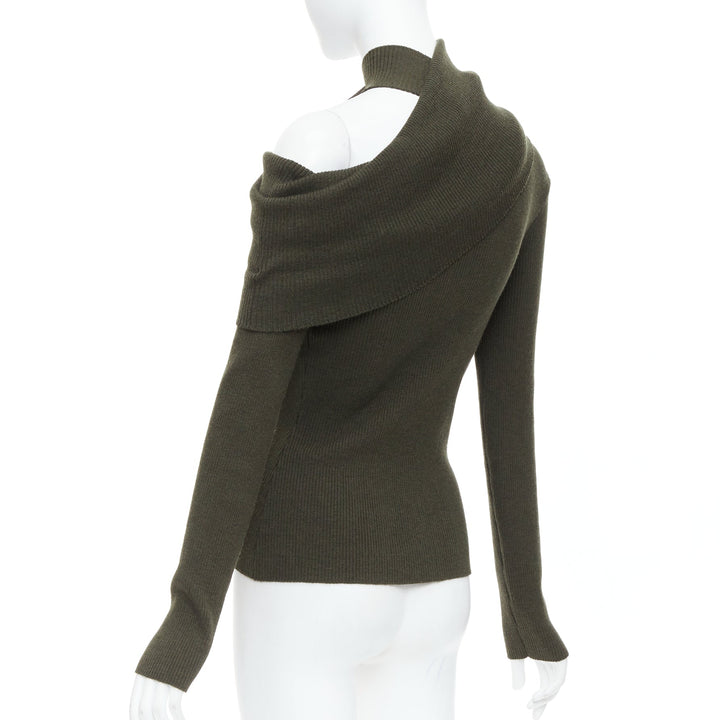 MONSE green merino wool fold over draped off shoulder sweater S