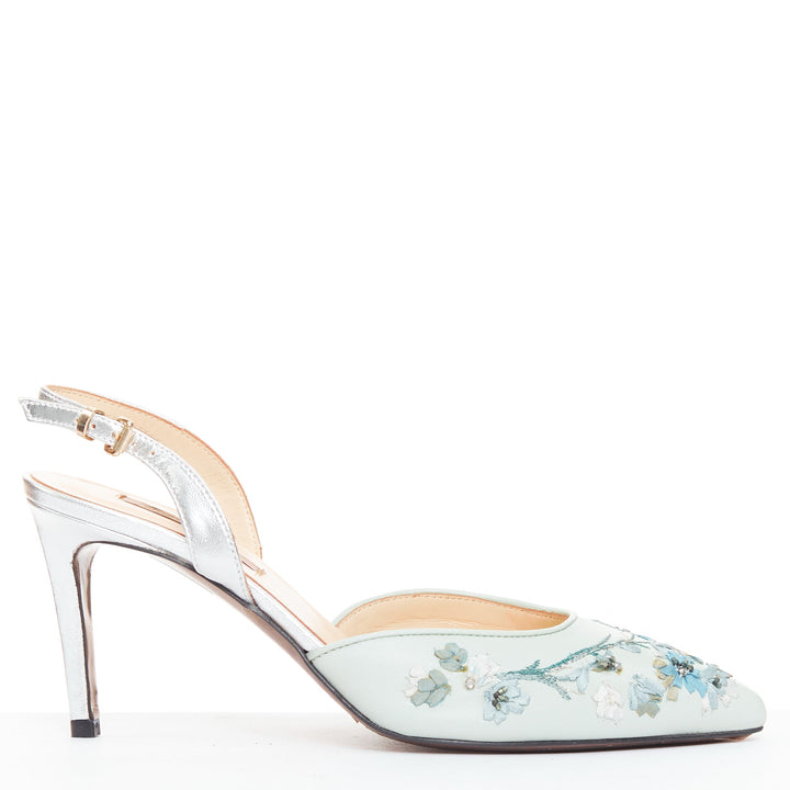 SHIATZY CHEN mint green leather embroidered floral sling pumps EU36