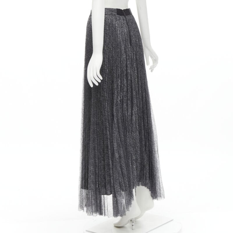 ALICE OLIVIA metallic silver thread black pleated asymmetric hem skirt US2