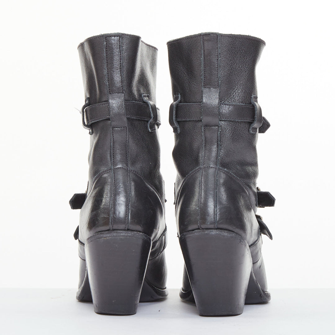 CELINE Phoebe Philo Berlin black leather triple buckle front zip biker boot EU36
