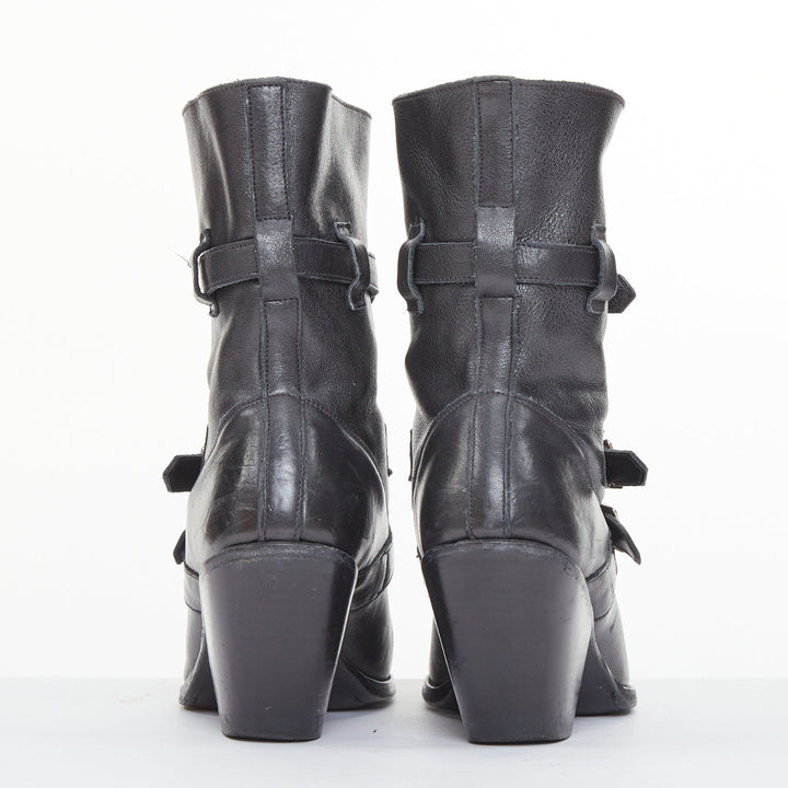 CELINE Phoebe Philo Berlin black leather triple buckle front zip biker boot EU36