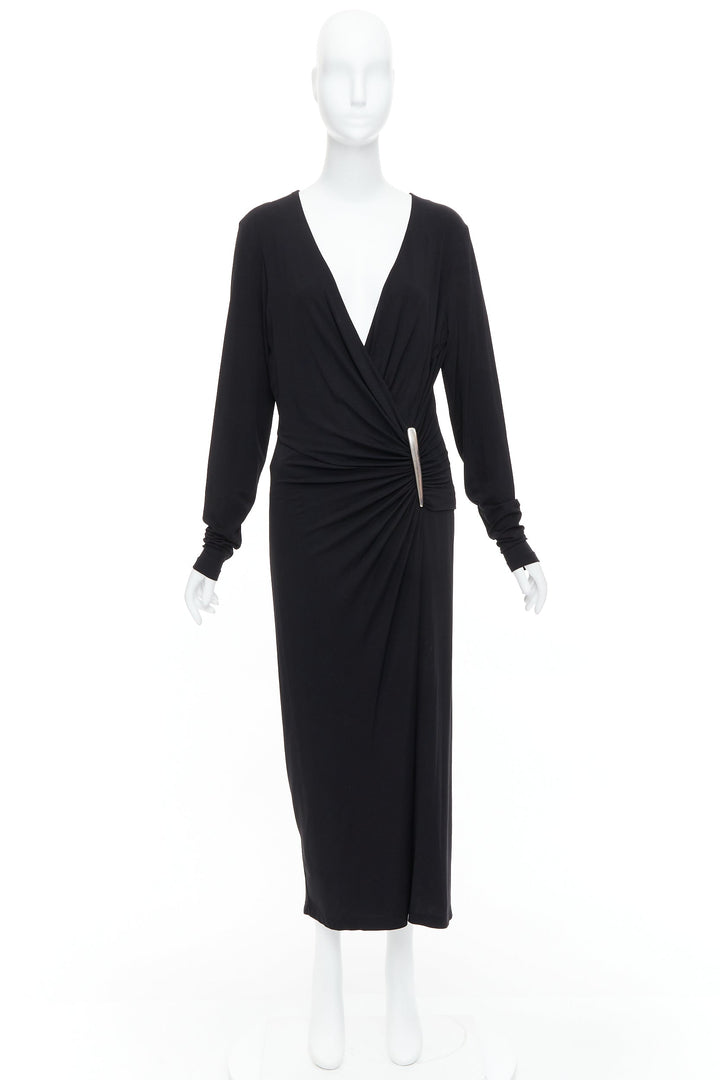 DONNA KARAN Vintage black viscose blend plunge silver buckle drape midi dress L