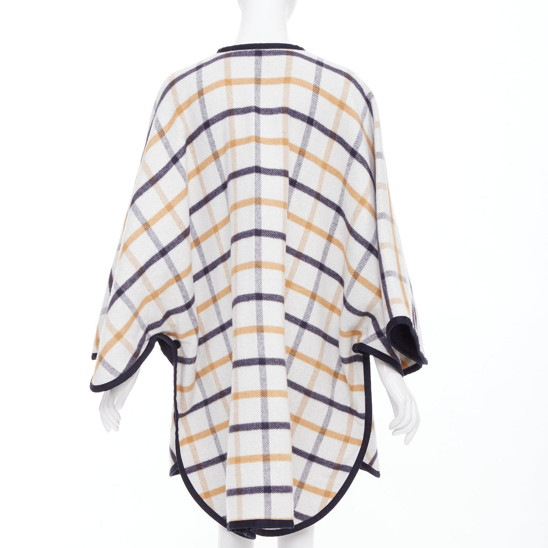 HERMES 2025 Camail Reversible navy cream checked cashmere crew cape poncho