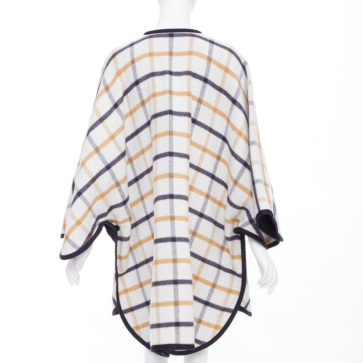 HERMES 2025 Camail Reversible navy cream checked cashmere crew cape poncho