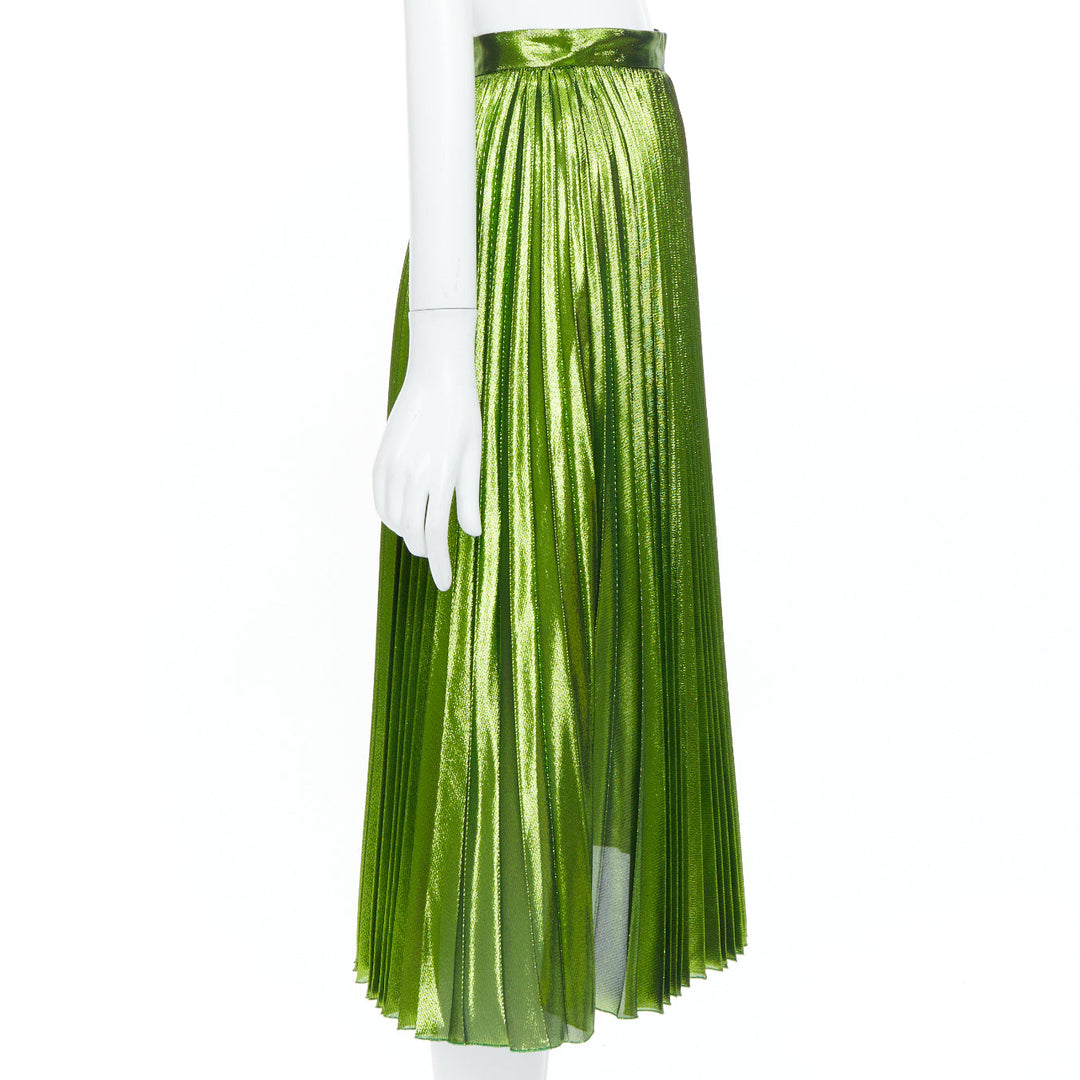 GUCCI 2016 Runway green metallic lame plisse silk blend pleated skirt IT36 XXS