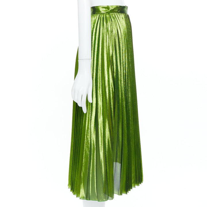 GUCCI 2016 Runway green metallic lame plisse silk blend pleated skirt IT36 XXS