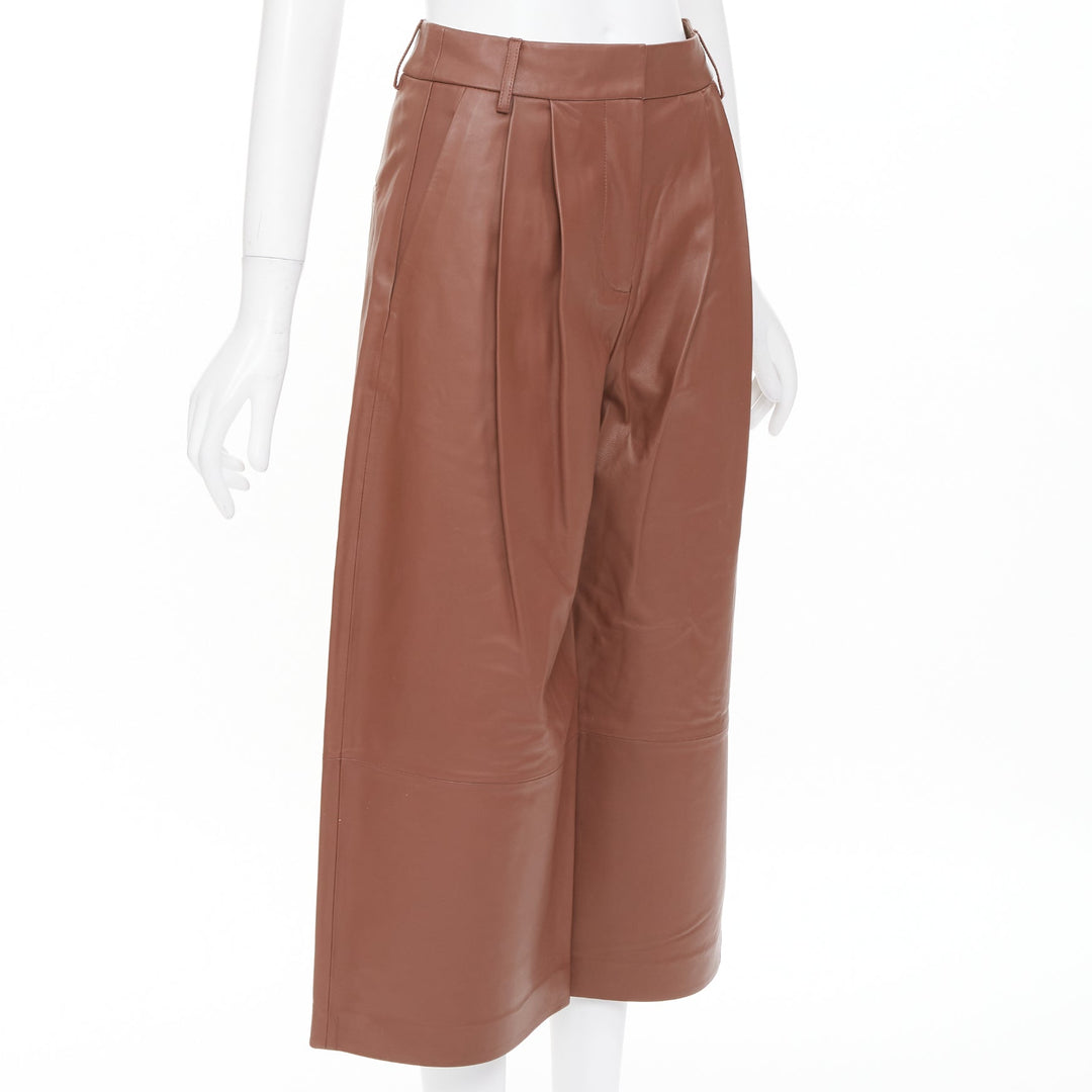 TIBI reddish brown lambskin leather pleated high waisted cropped pants US00 XXS