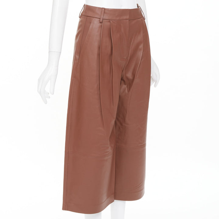 TIBI reddish brown lambskin leather pleated high waisted cropped pants US00 XXS