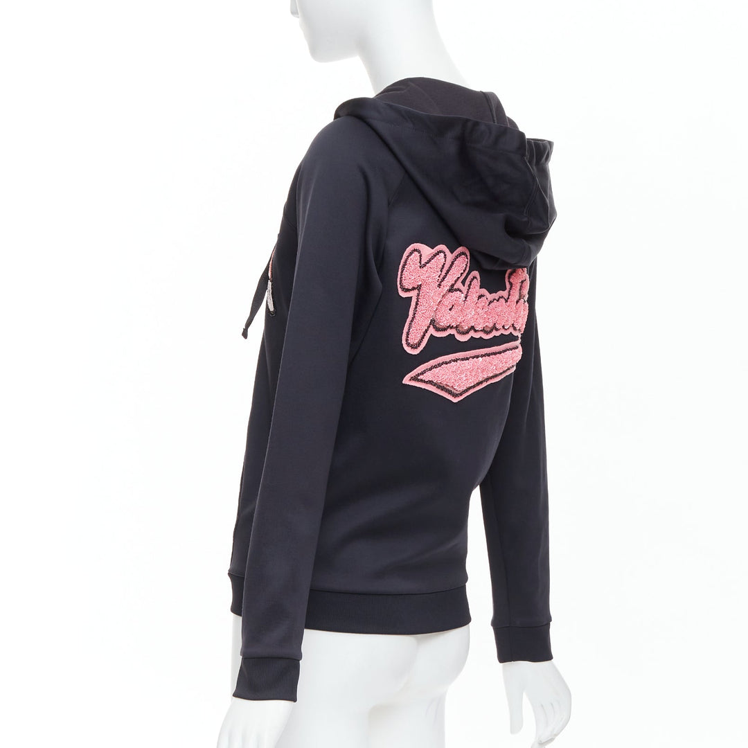 VALENTINO red pink velvet lipstick beaded applique black hoodie S