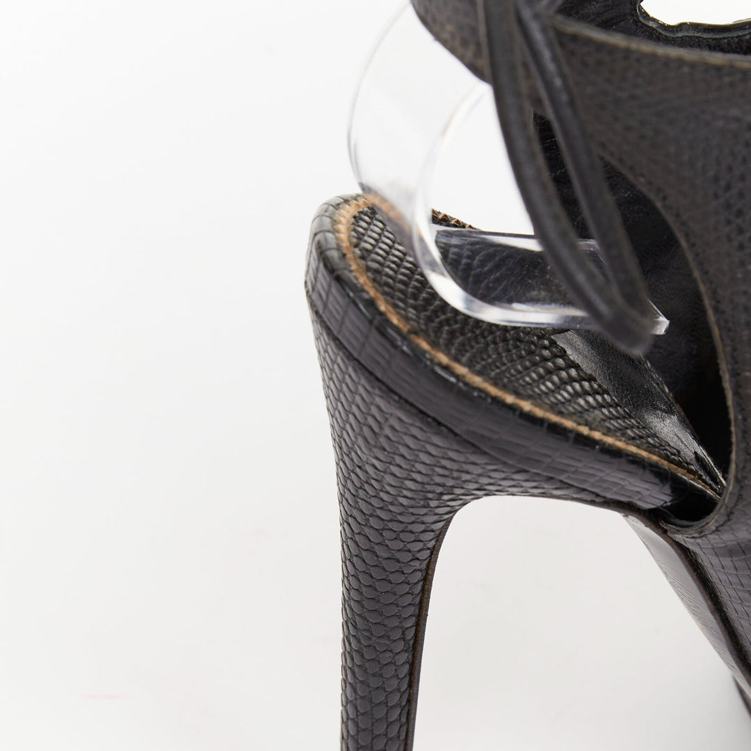 TOM FORD 2012 Runway black lizard effect gold stud lace up platform sandals EU35