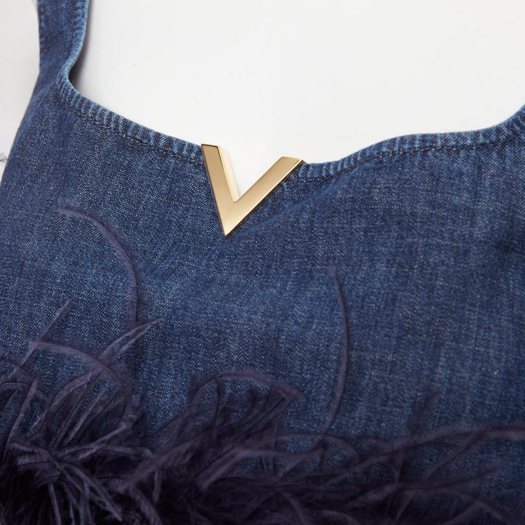 VALENTINO 2023 VGold blue denim purple turkey feather trimmed crop top IT38 XS