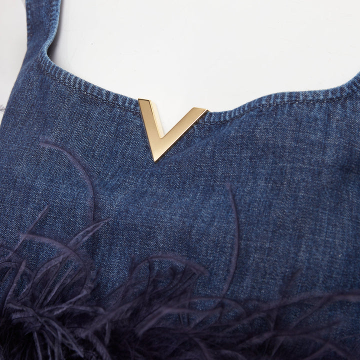 VALENTINO 2023 VGold blue denim purple turkey feather trimmed crop top IT38 XS