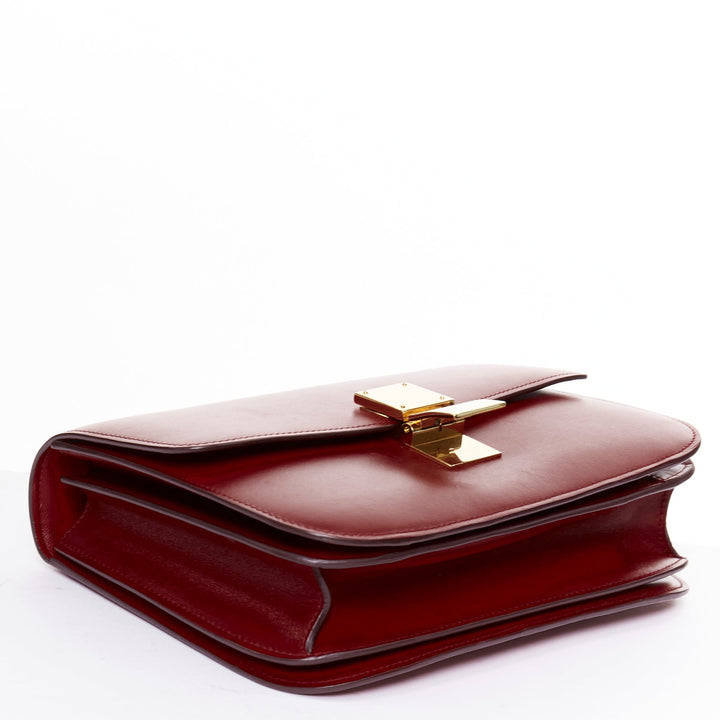 CELINE Classic Box burgundy smooth leather gold clasp crossbody messenger bag