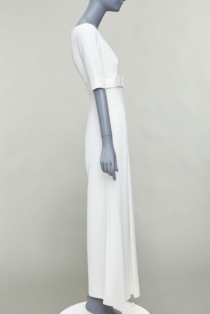 EMILIA WICKSTEAD cream cloque wide leg v neck belted jumpsuit UK8 S