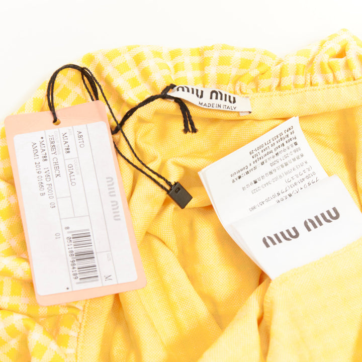 MIU MIU 2019 yellow white gingham check ruffle off shoulder mini dress M