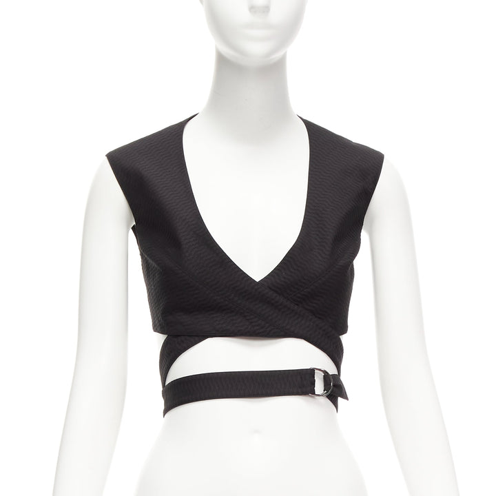 ALAIA black cotton textured jacquard wrap tie belt buckle crop top FR36 S