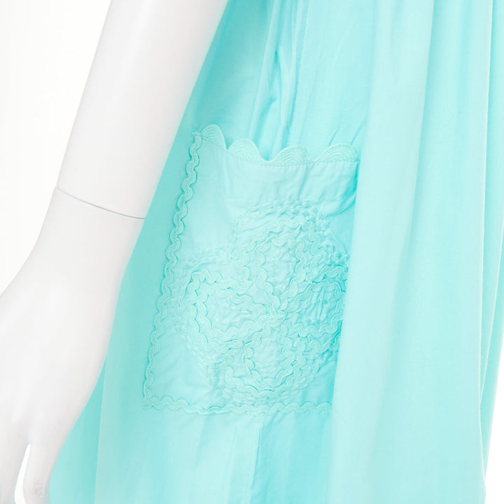 JULIET DUNN squiggle applique neon aqua cotton square neck sundress US1 XS