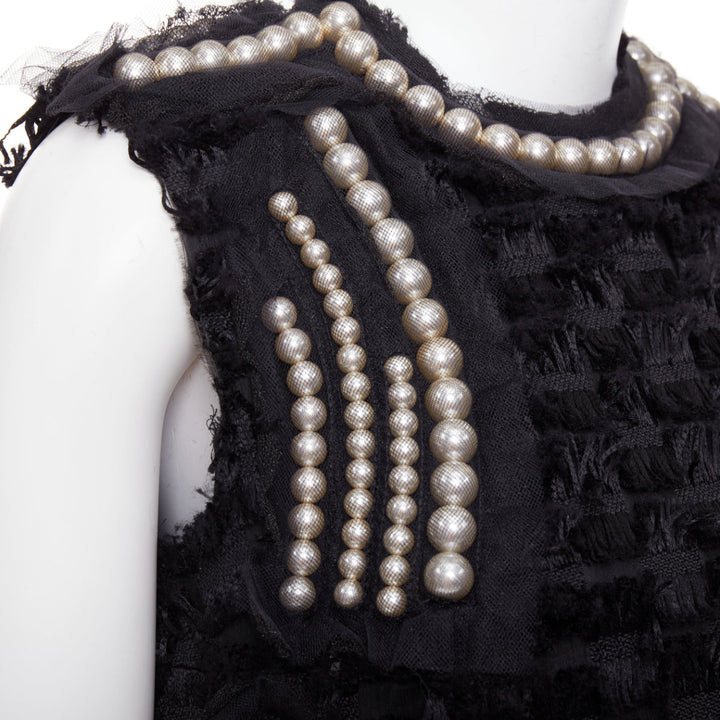 LANVIN 2015 black pearl mesh embellished eyelash fringe silk lined dress FR36 S