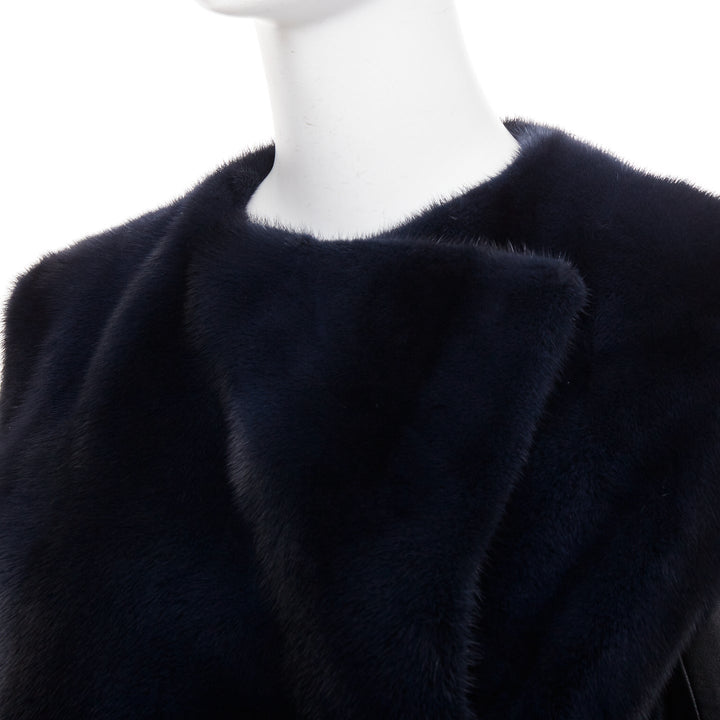 CHRISTIAN DIOR navy natural fur black soft leather sleeve silk lined jacket
