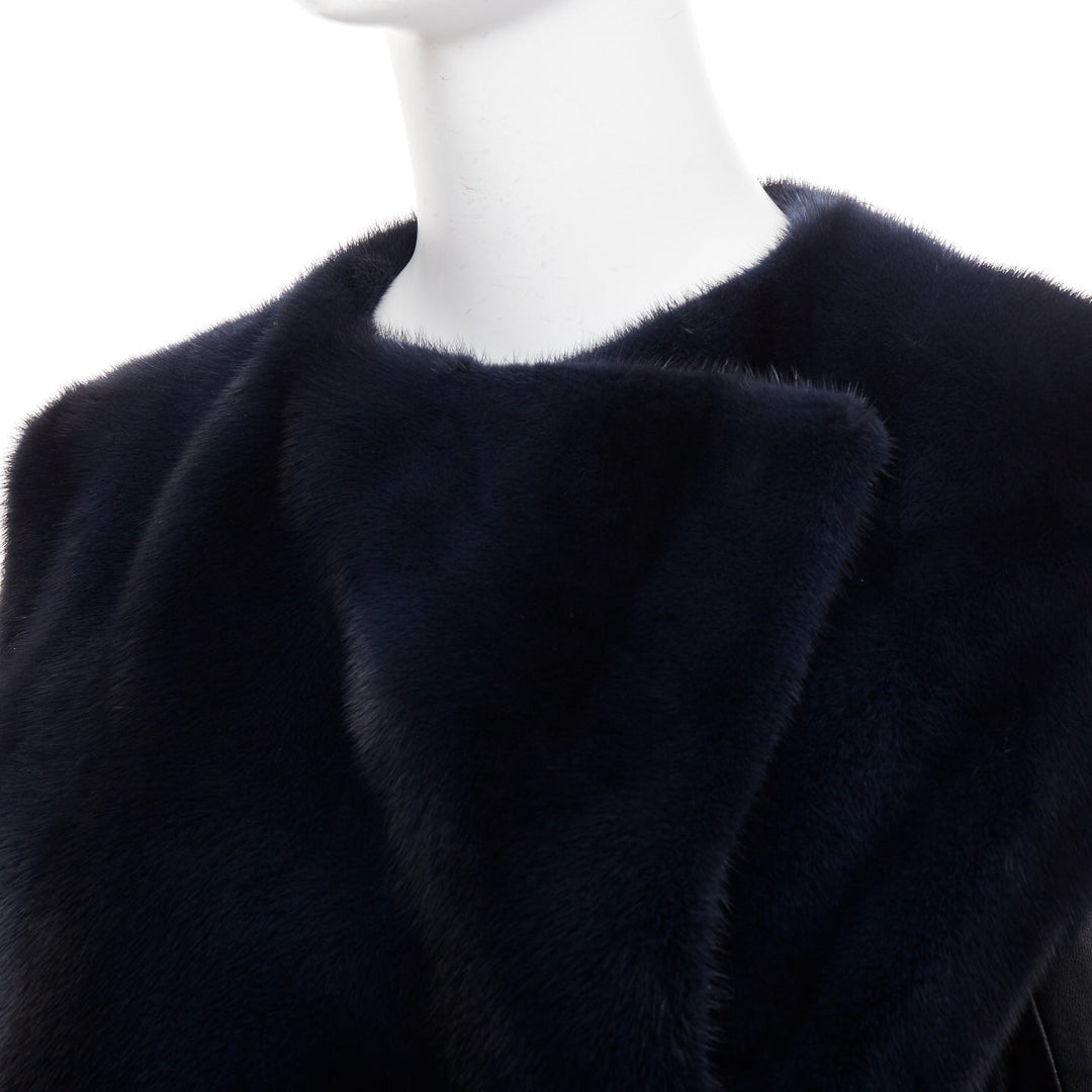 CHRISTIAN DIOR navy natural fur black soft leather sleeve silk lined jacket