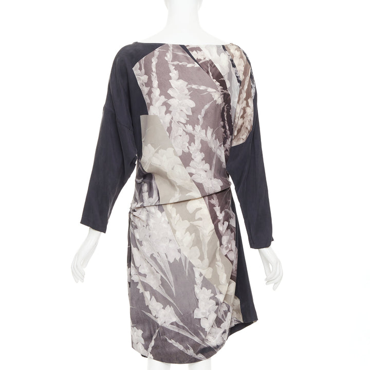 DRIES VAN NOTEN 2009 Vintage silk floral print asymmetric drape dress FR38 M
