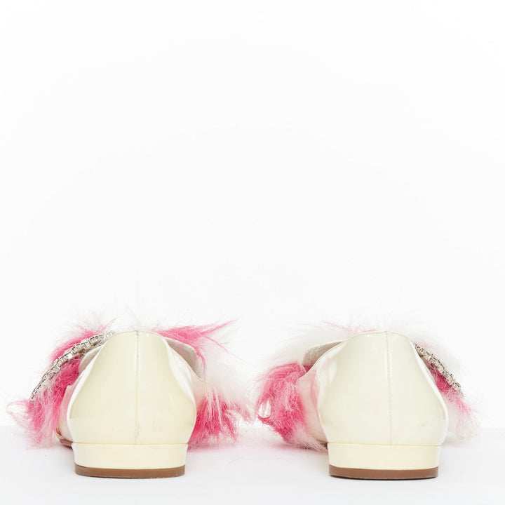 MIU MIU 2017 cream patent white pink faux fur buckle flats EU37.5