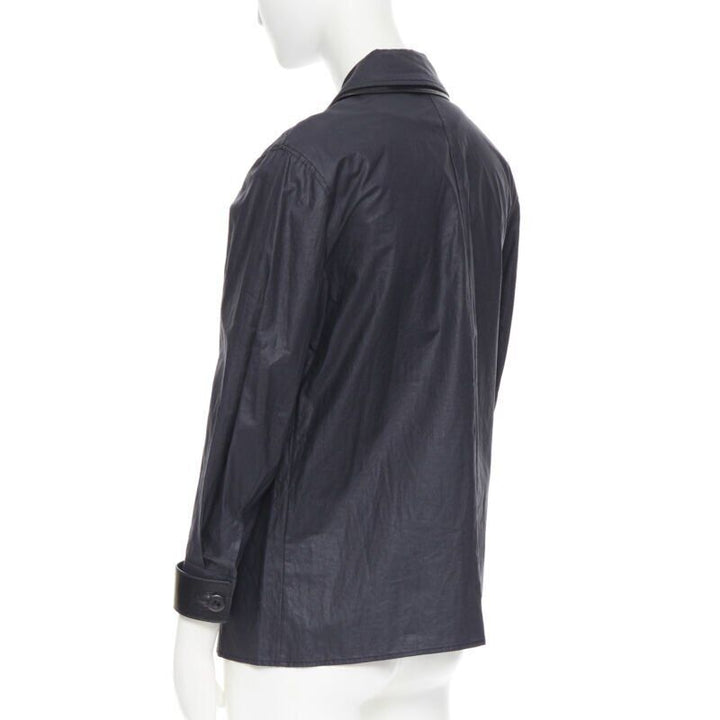 BOTTEGA VENETA black coated linen patent strapped cuff casual worker jacket IT36