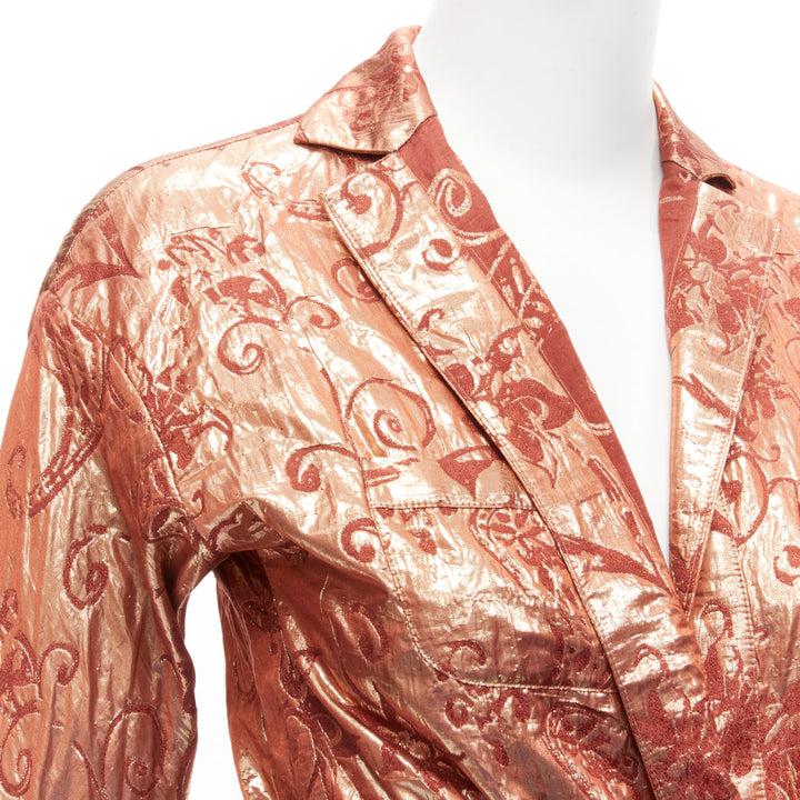 ROMEO GIGLI Vintage metallic rose gold baroque jacquard wrap belted shirt IT44 L