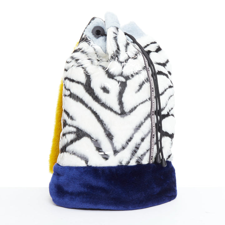 NASIR MAZHAR black white blue yellow faux fur logo tape backpack