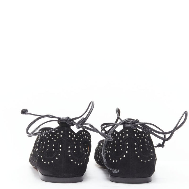 ALAIA black suede silver studed circle cut out lace up ballerina flats EU37