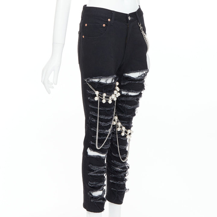 JUNYA WATANABE 2022 Punk black pearl chain chain destroyed ripped jeans XS