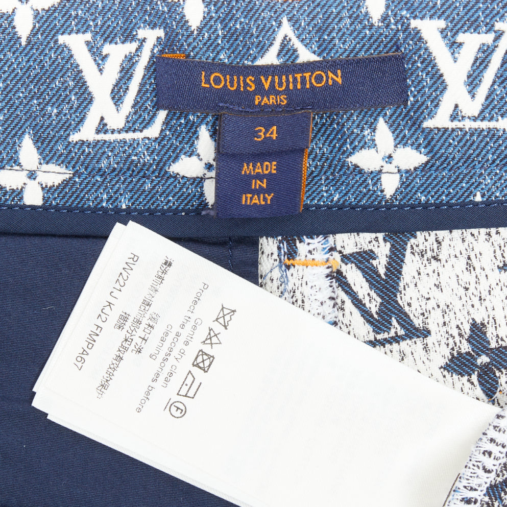 LOUIS VUITTON blue monogram jacquard denim  leather trim zip shorts FR34 XS