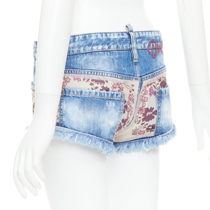 DSQUARED2 pink floral patch blue denim logo cut off mini shorts IT38 XS