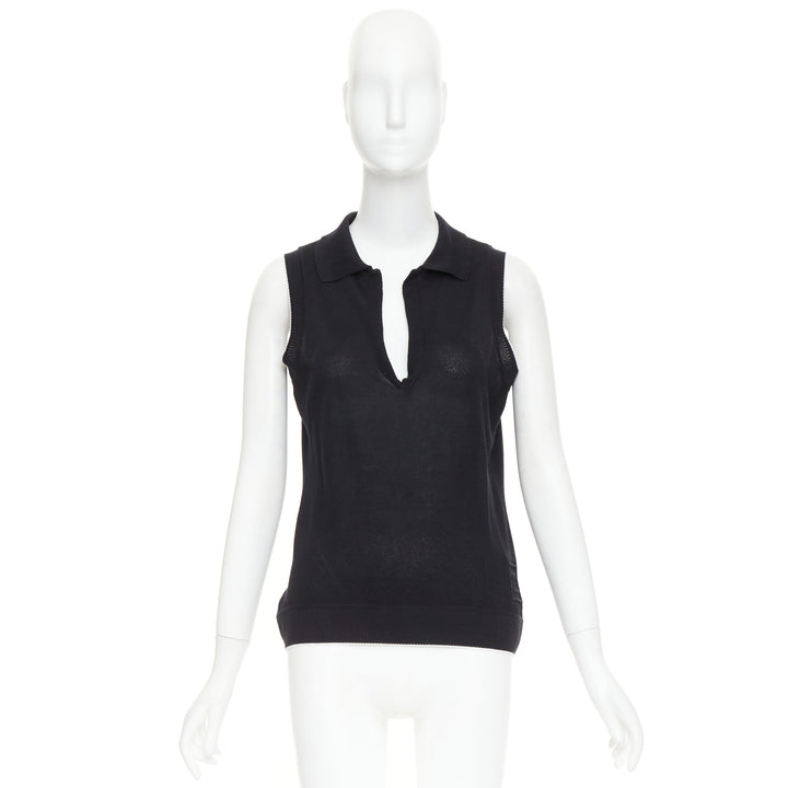 CHANEL 2001 Vintage black CC logo sleeveless white trim knit polo top FR40 L