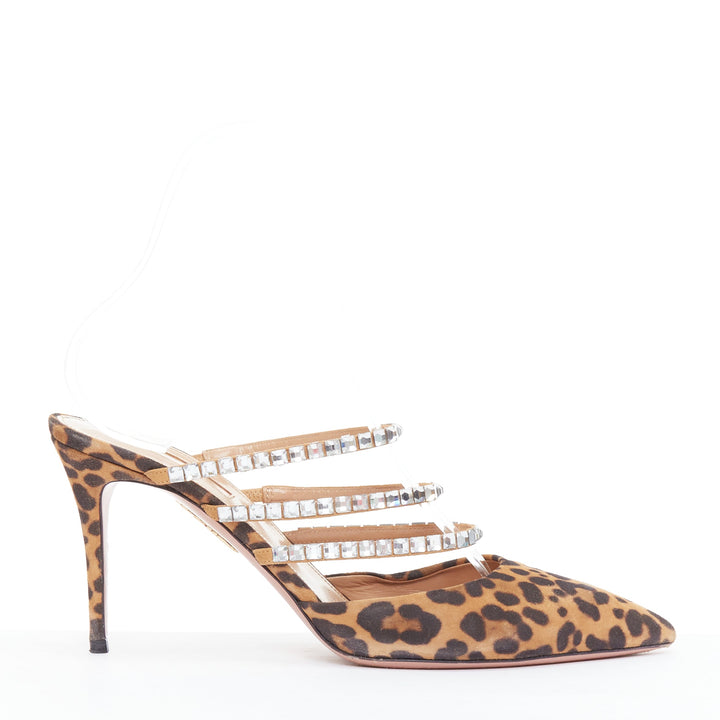 AQUAZZURA Donata brown leopard suede crystal straps mules EU39