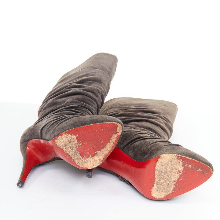 CHRISTIAN LOUBOUTIN Piros 120 charcoal gray suede ruched slouch boots EU37.5