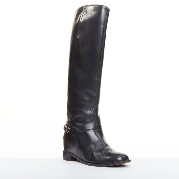 CHRISTIAN LOUBOUTIN Cate black leather silver chain wedge riding boots EU37.5