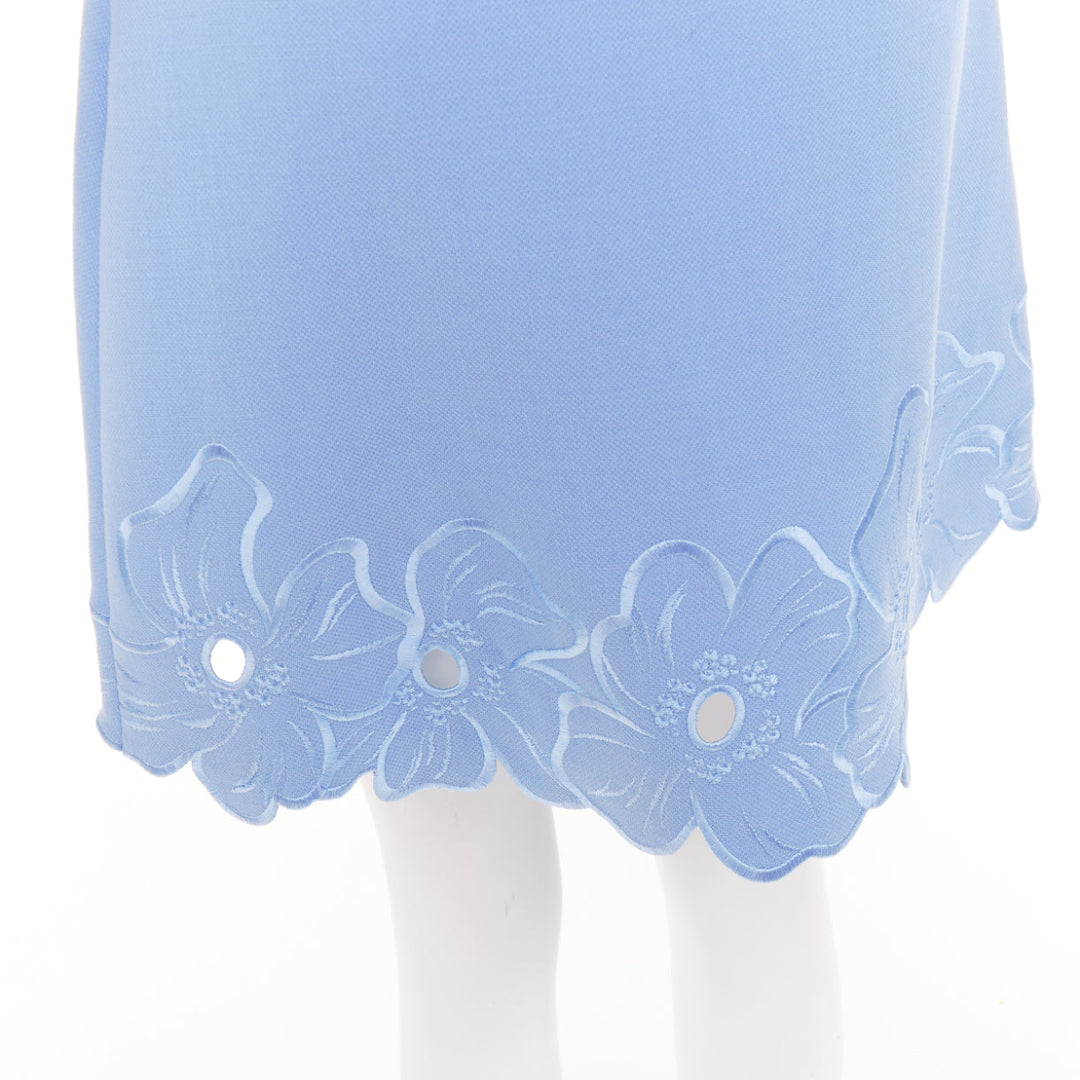 CHRISTIAN DIOR powder blue wool crepe floral cutout embroidered hem skirt FR38 M