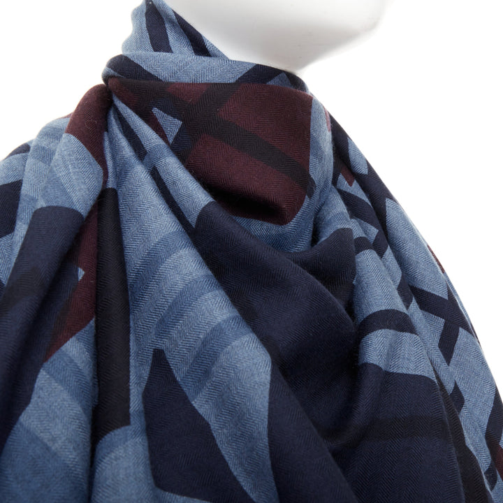HERMES Imprimeur Fou Brides et Frontaux 140cm navy printed cashmere silk shawl