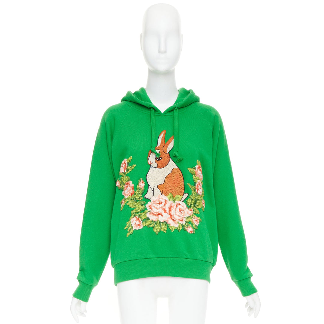 GUCCI Michele green cotton jersey embroidered Bunny flower  hoodie XS