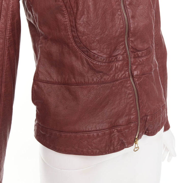 MARNI 2012 burgundy crinkled lamb leather wool lining moto biker jacket IT42 M