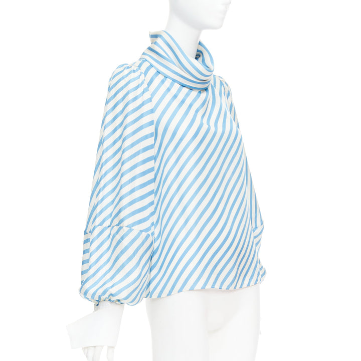 MONSE silk twill blue cream bias cut striped puff sleeve blouse US2 S