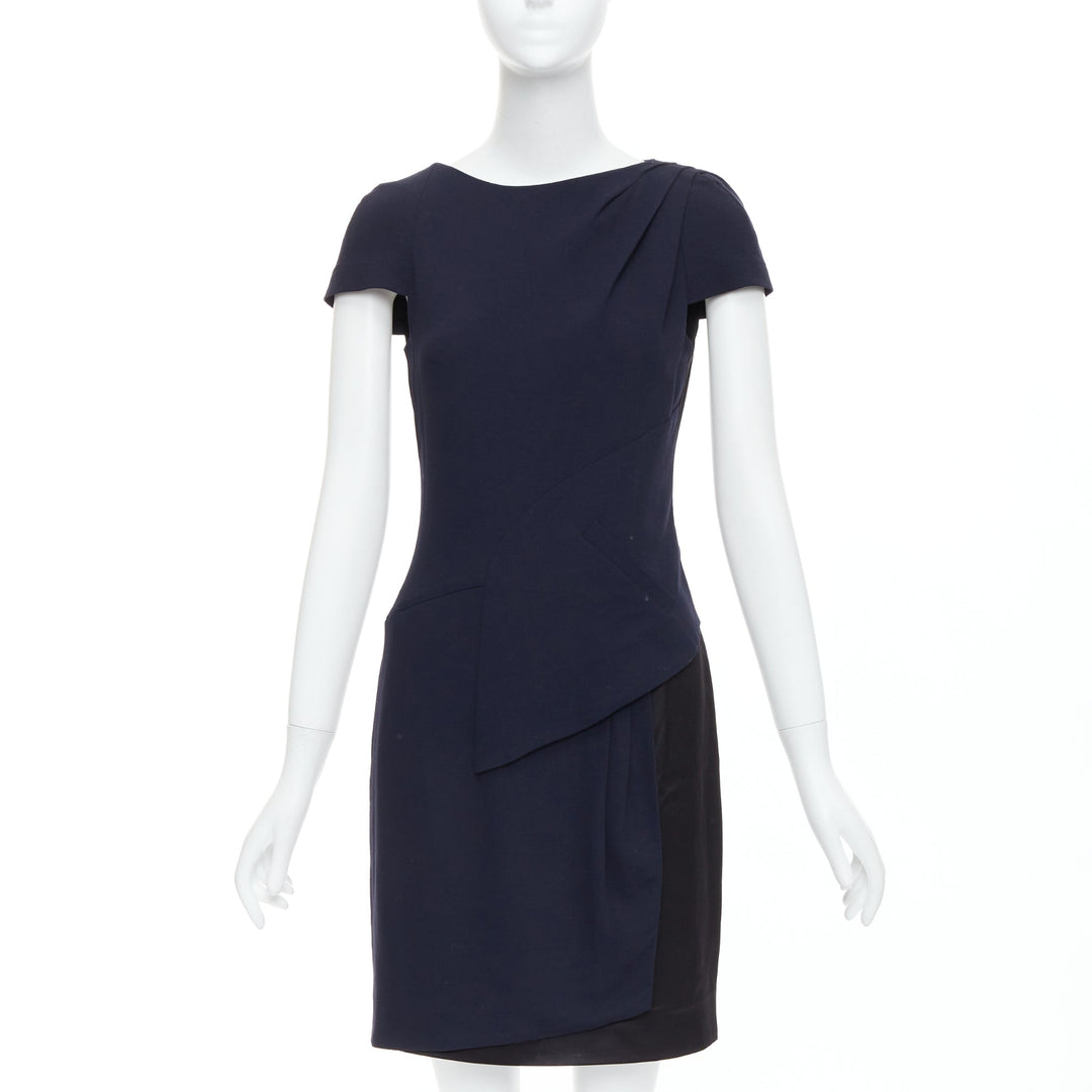 CHANEL navy black rayon wool blend draped pleated shift dress FR36 S