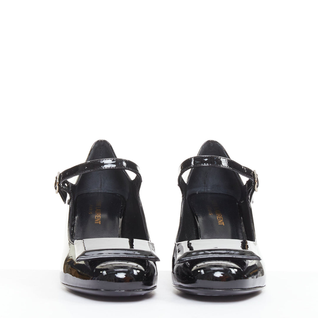 SAINT LAURENT black patent square brooch maryjane kitten pumps EU37.5