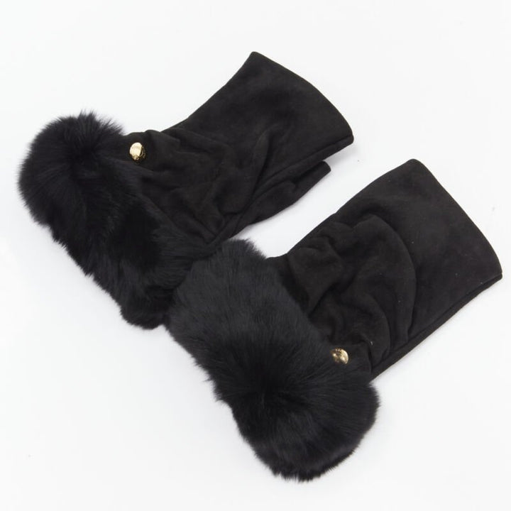 CAUSSE Gantier black soft suede leather chinchilla fur fingerless glove 6.5